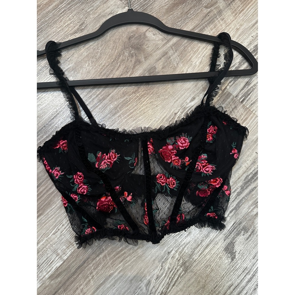 For Love & Lemons Black Red Rose Embroidered Mesh Corset Bustier Crop Top Medium - Picture 2 of 8